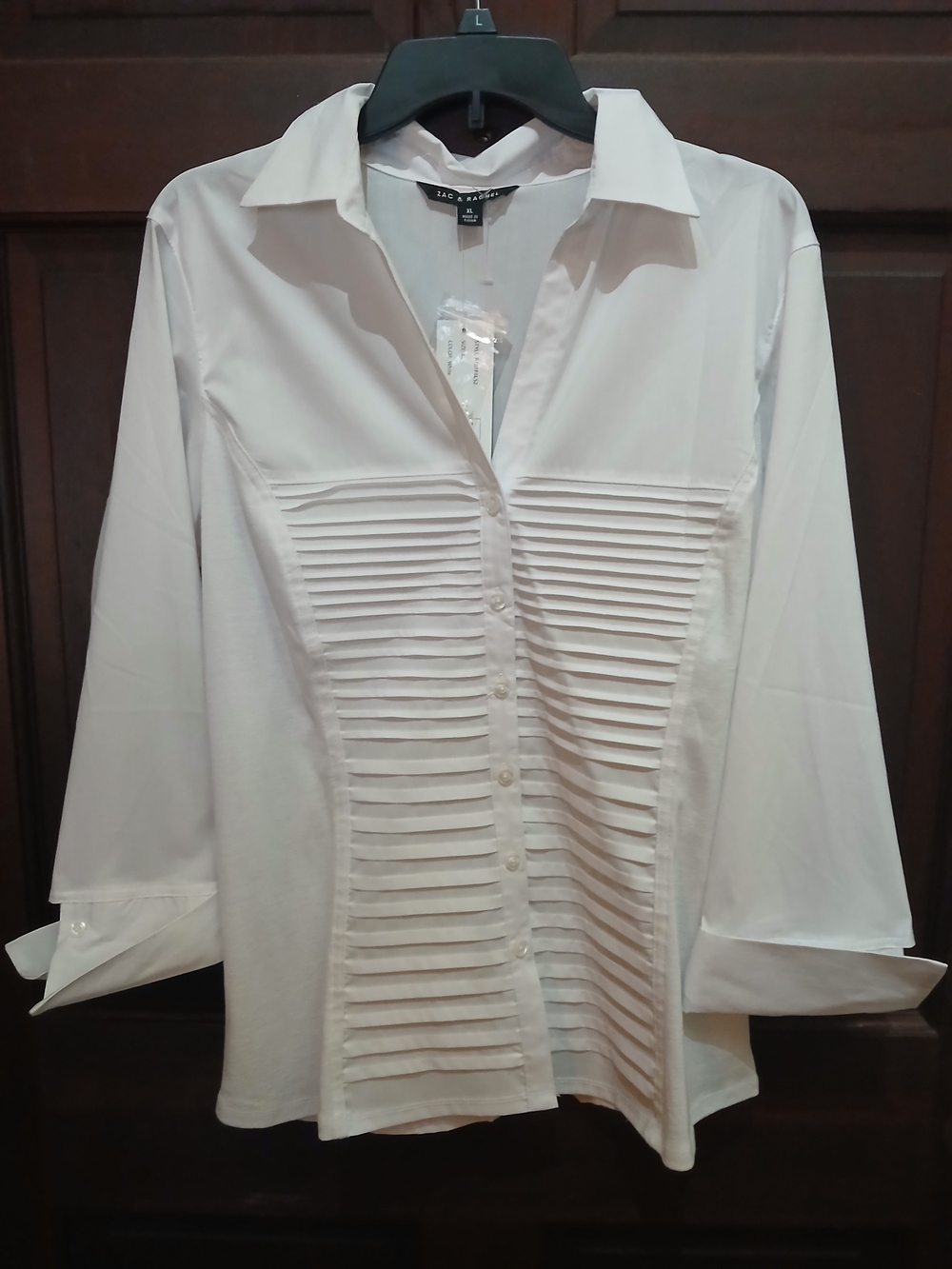 Zac & Rachel NWT White Pleated Front Button-Up Blouse XL Cuffed Sleeves Preppy